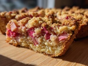 Nahaufnahme eines Stücks Rhabarberkuchen mit Streusel, das saftige Rhabarberstücke zeigt.