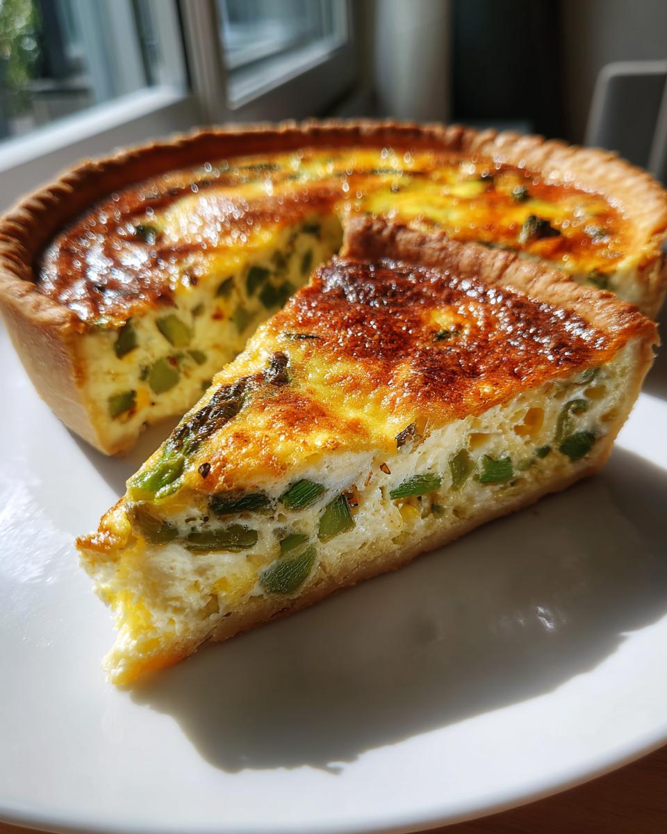 Ein Stück hausgemachte Spargel-Quiche mit goldbraun gebackener Oberfläche und grünem Spargel auf einem weißen Teller.