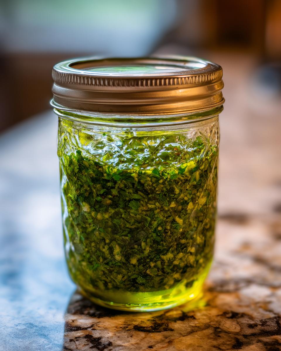 Ein Schraubglas gefüllt mit leuchtend grünem Bärlauch-Pesto, das auf einer Marmorplatte steht.