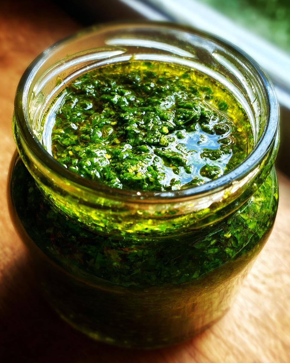 Nahaufnahme von selbstgemachtem, leuchtend grünem Bärlauch-Pesto in einem Schraubglas.