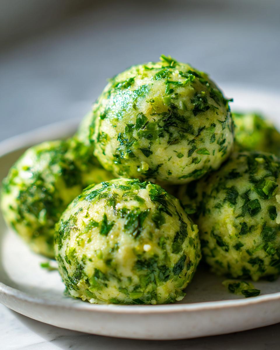 Nahaufnahme von mehreren perfekt geformten Bärlauchknödel selber machen, die auf einem hellen Teller liegen.