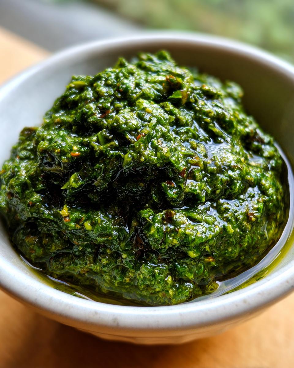 Nahaufnahme von cremigem, leuchtend grünem Bärlauchpesto selber machen in einer kleinen Schale.
