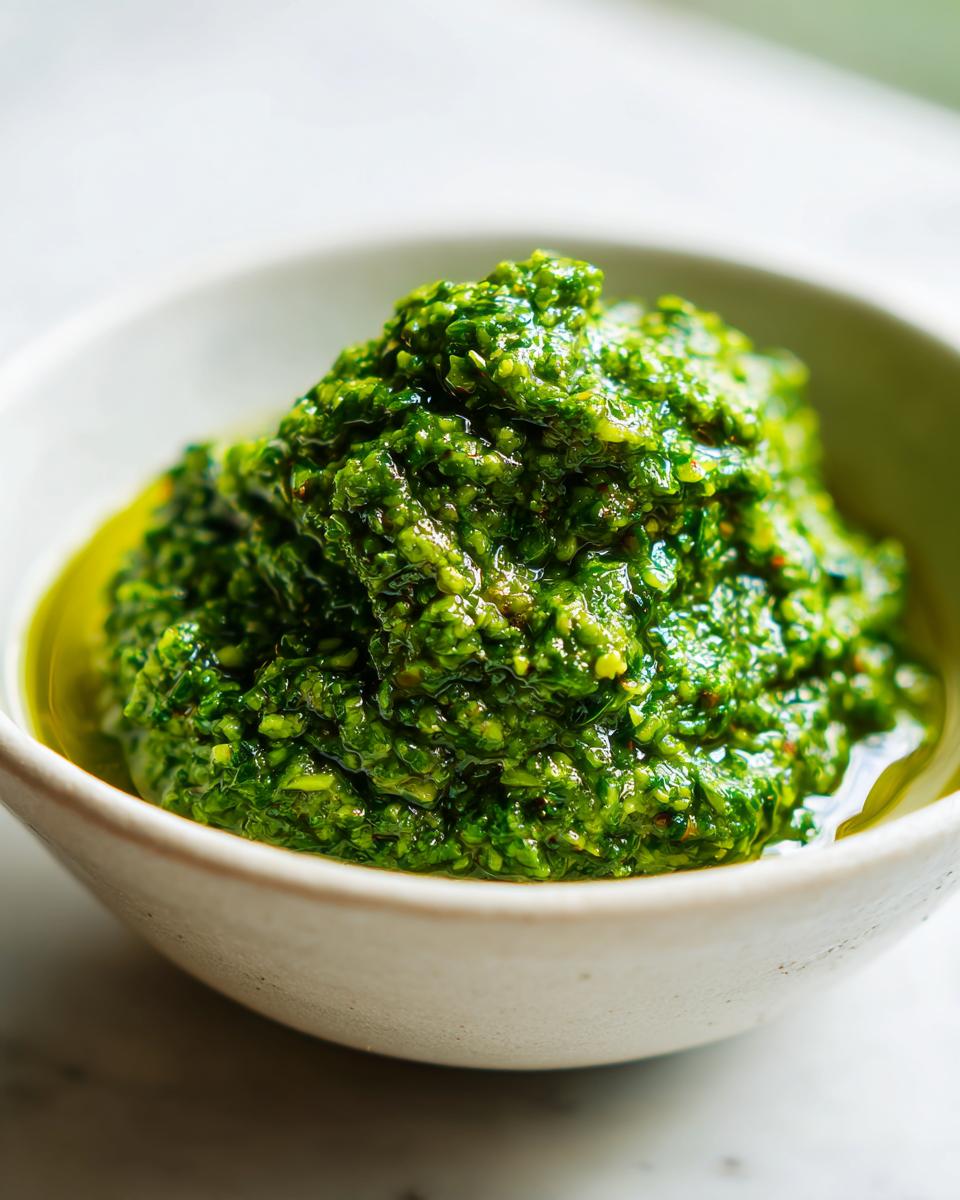 Nahaufnahme von cremigem, leuchtend grünem Bärlauchpesto selber machen in einer hellen Keramikschale.
