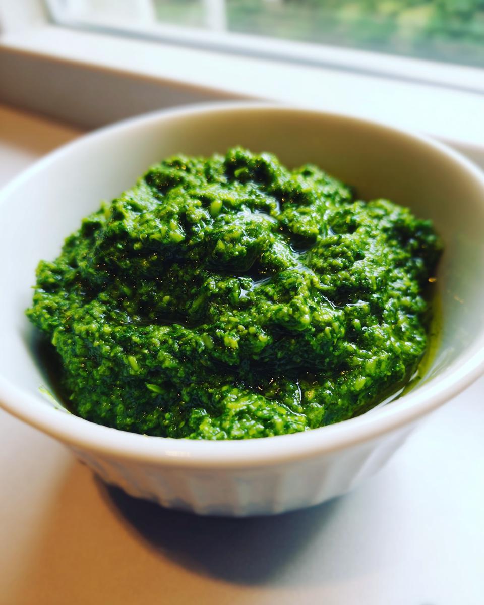 Nahaufnahme von frisch zubereitetem, leuchtend grünem Bärlauchpesto selber machen in einer weißen Schale.