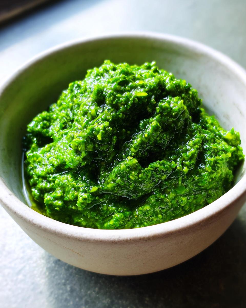 Nahaufnahme von leuchtend grünem Bärlauchpesto selber machen in einer hellen Keramikschale.