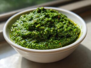 Nahaufnahme von leuchtend grünem Bärlauchpesto selber machen in einer weißen Schüssel, glänzend von Öl.