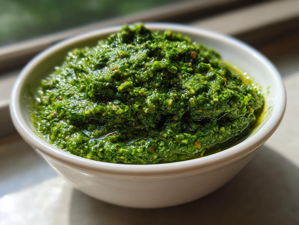 Nahaufnahme von leuchtend grünem Bärlauchpesto selber machen in einer weißen Schüssel, glänzend von Öl.
