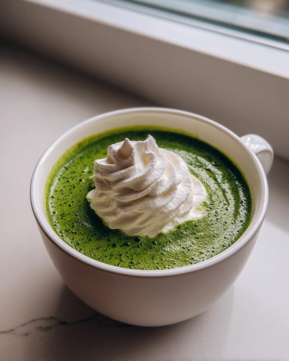 Nahaufnahme einer leuchtend grünen Bärlauchschaumsuppe, garniert mit einem großen Tupfer Schlagsahne in einer weißen Tasse.