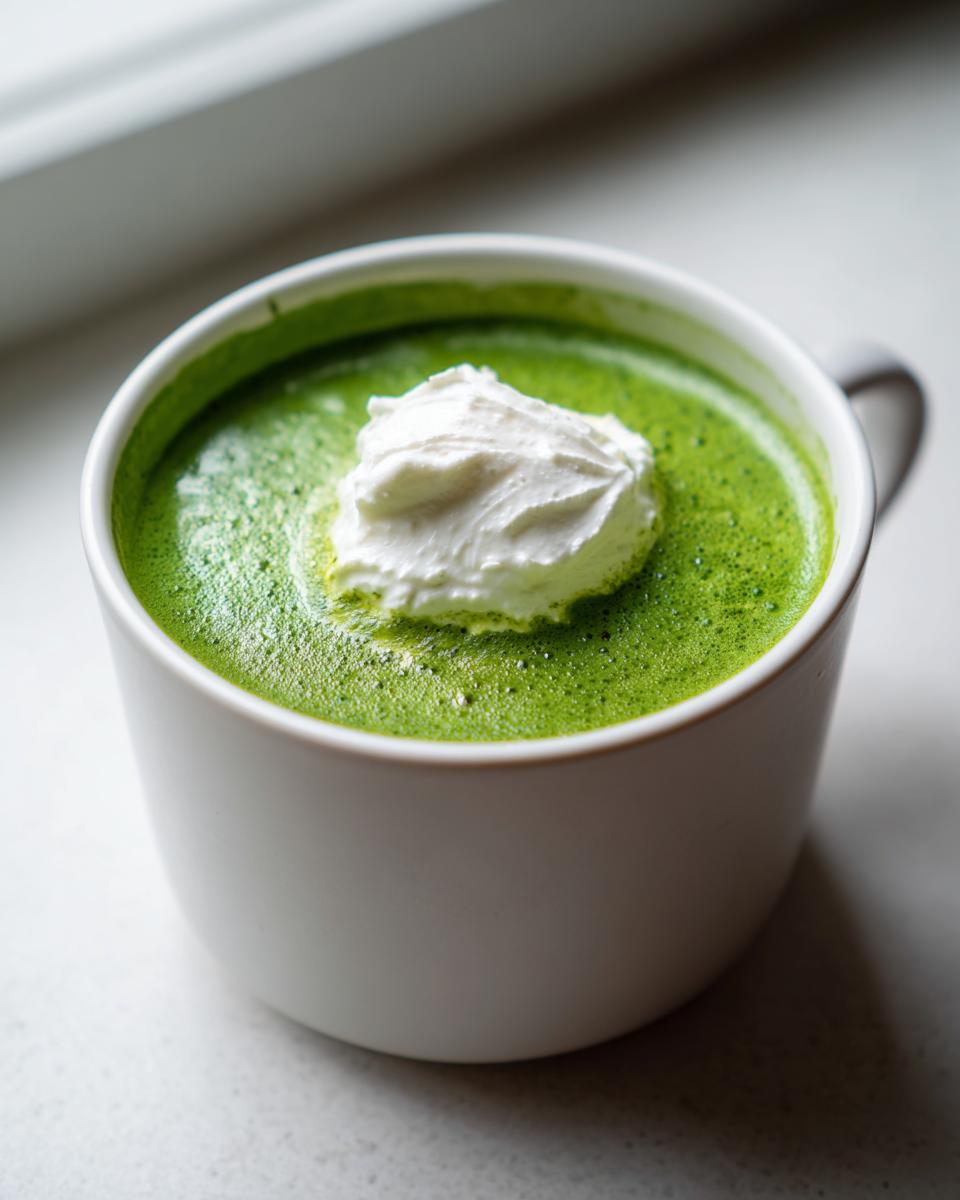 Eine Tasse leuchtend grüne Bärlauchschaumsuppe, garniert mit einem Klecks weißer Schlagsahne.