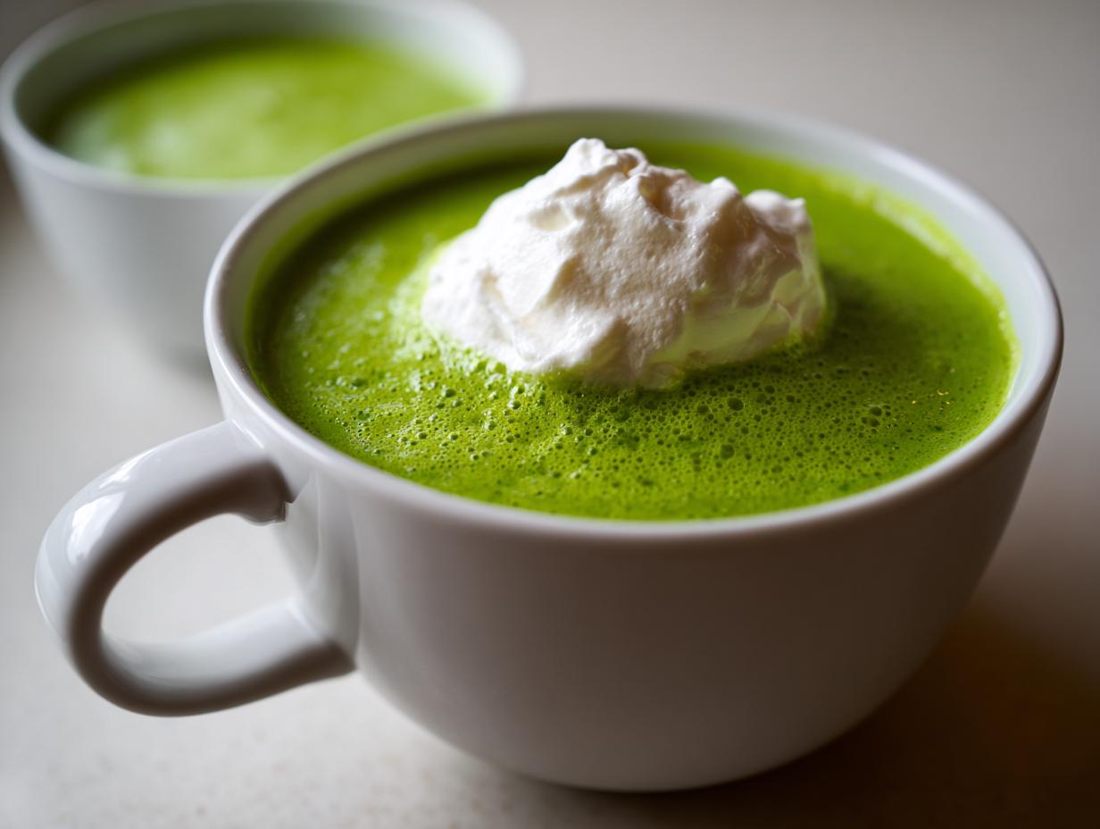 Nahaufnahme einer leuchtend grünen Bärlauchschaumsuppe in einer weißen Tasse, garniert mit einem Klecks Schlagsahne.