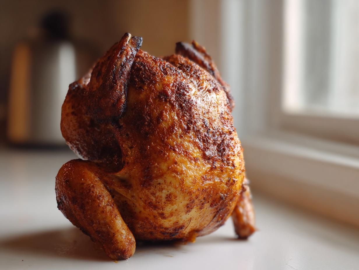 Ein fertig gegrilltes Bierdosenhähnchen mit goldbrauner, knuspriger Haut, auf einer hellen Oberfläche.