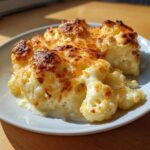 Nahaufnahme eines cremigen Blumenkohl-Gratin mit einer knusprigen, goldbraun überbackenen Käsekruste.