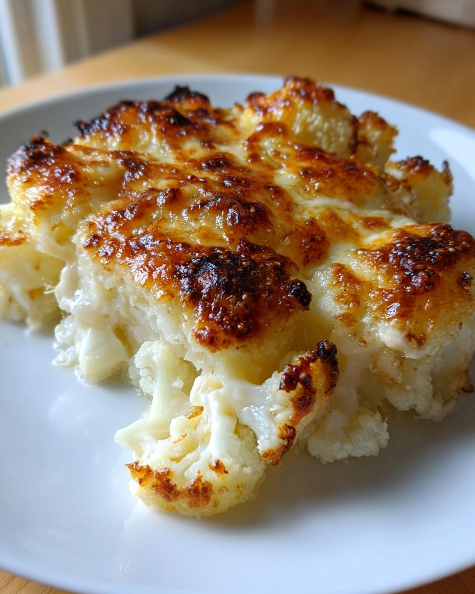 Nahaufnahme eines cremigen Blumenkohl-Gratin mit einer schön gebräunten Käsekruste auf einem weißen Teller.