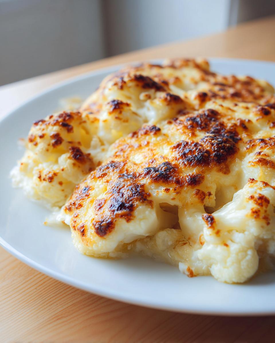 Nahaufnahme von cremigem Blumenkohl-Gratin mit einer knusprig überbackenen Käsekruste auf einem weißen Teller.