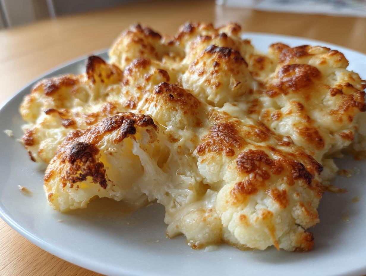 Nahaufnahme von cremigem Blumenkohl-Gratin mit einer knusprigen, goldbraun überbackenen Käsehaube.