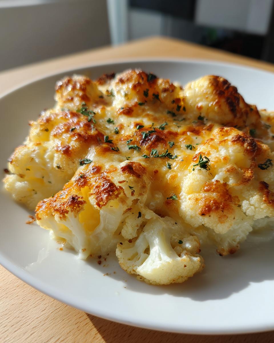 Nahaufnahme von cremigem Blumenkohl-Gratin mit goldbraun überbackenem Käse und frischer Petersilie.