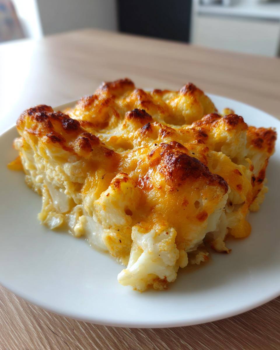 Ein Stück cremiges Blumenkohl-Gratin mit goldbraun überbackener Käsekruste auf einem weißen Teller.