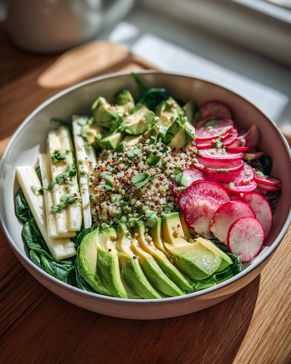 Nahaufnahme einer Bunte Gemüse-Bowl mit Quinoa, geschnittenem Avocado, Rettich und weißem Spargel.
