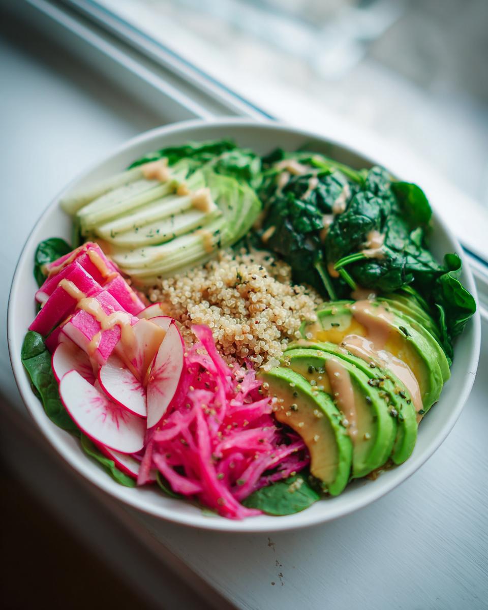 Nahaufnahme einer Bunte Gemüse-Bowl mit Quinoa, Avocado, Spinat und leuchtend pinken Zwiebeln.