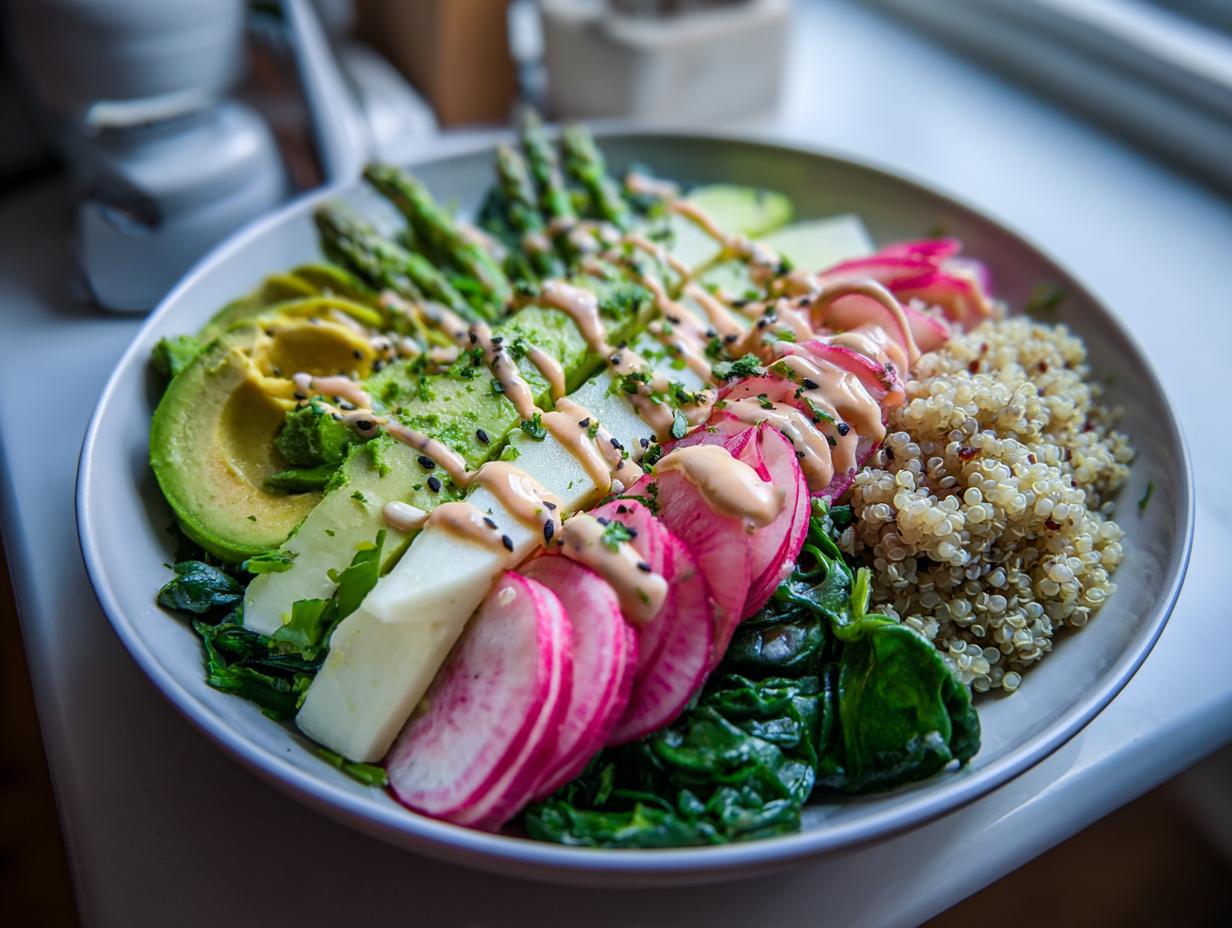 Nahaufnahme einer Bunte Gemüse-Bowl mit Quinoa, Avocado, Radieschen und einem cremigen Dressing.