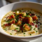 Nahaufnahme einer cremigen Buttermilchsuppe mit Kartoffeln, knusprigen Speckstücken und Schnittlauch.