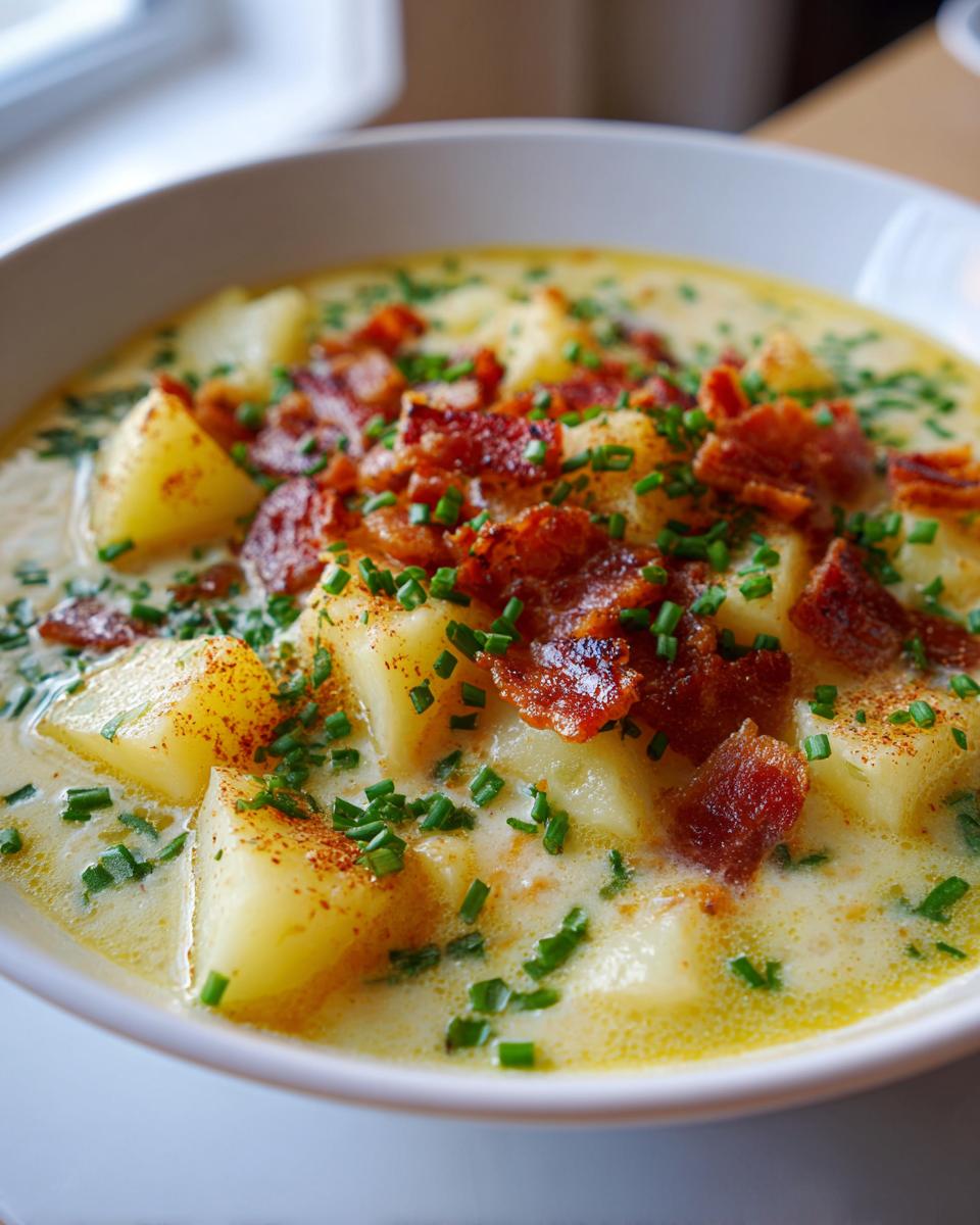 Nahaufnahme einer cremigen Buttermilchsuppe mit Kartoffeln, garniert mit knusprigem Speck und Schnittlauch.