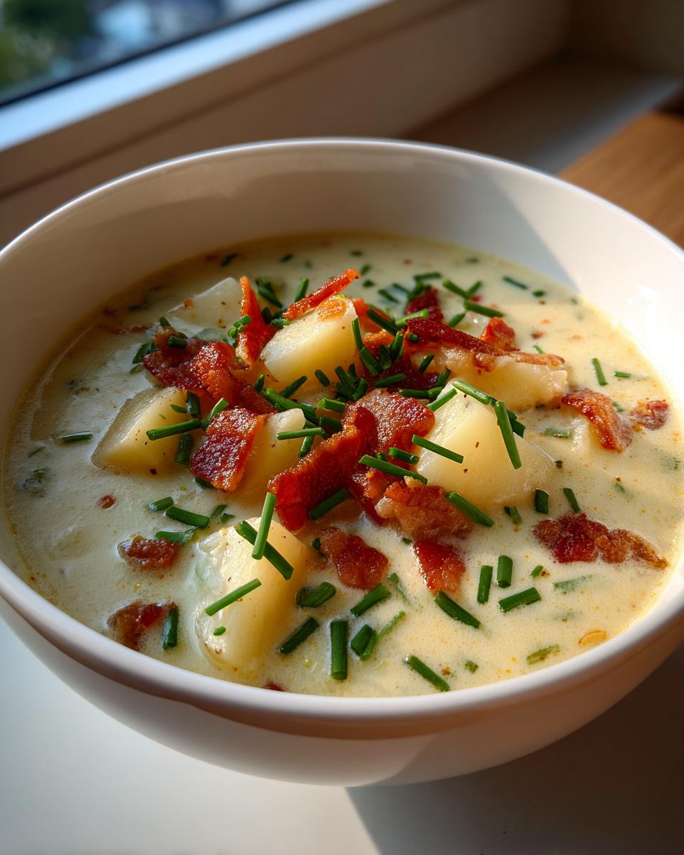 Nahaufnahme einer cremigen Buttermilchsuppe mit Kartoffeln, knusprigem Speck und Schnittlauch.