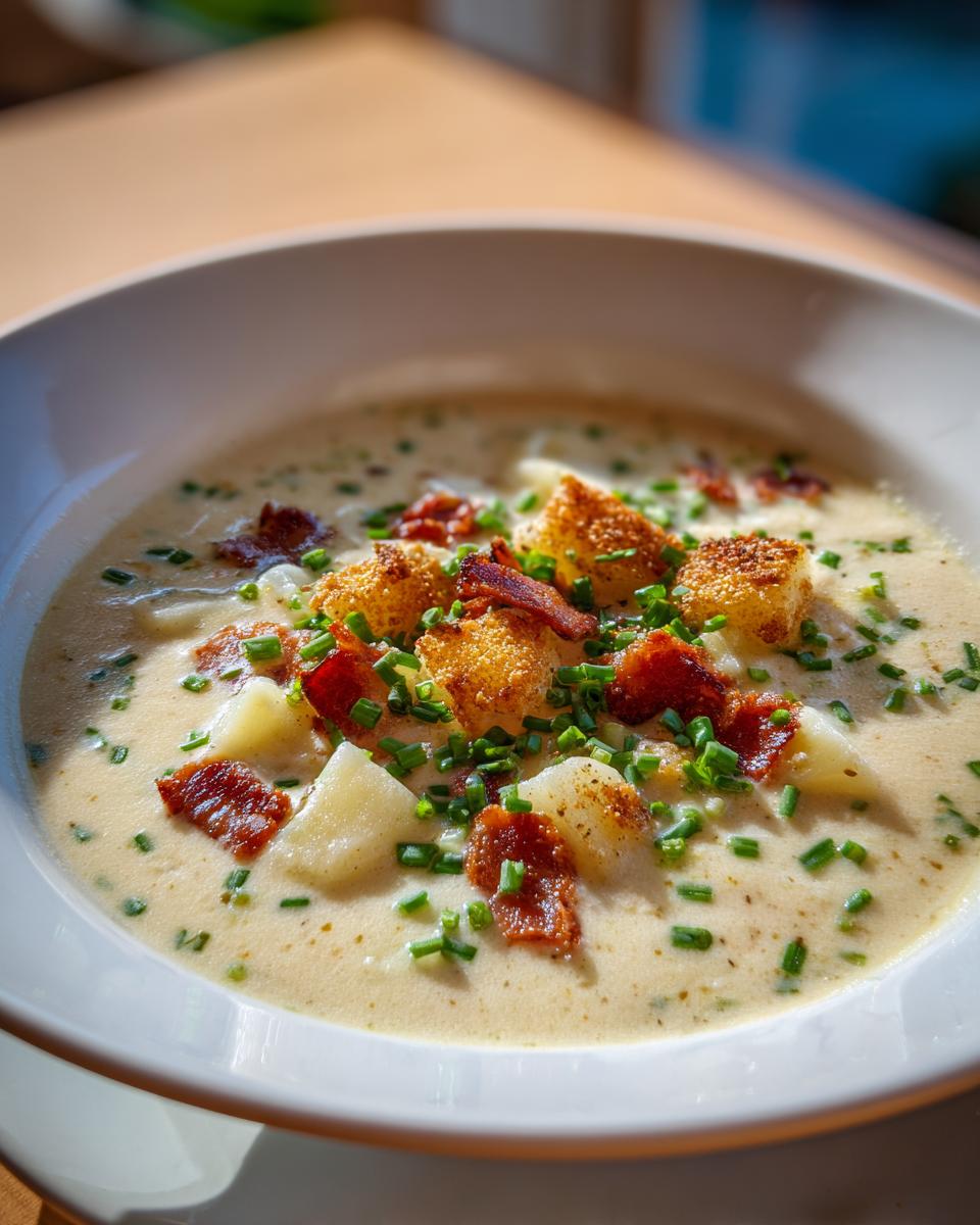Nahaufnahme einer cremigen Buttermilchsuppe mit Kartoffeln, Croutons, knusprigem Speck und Schnittlauch.