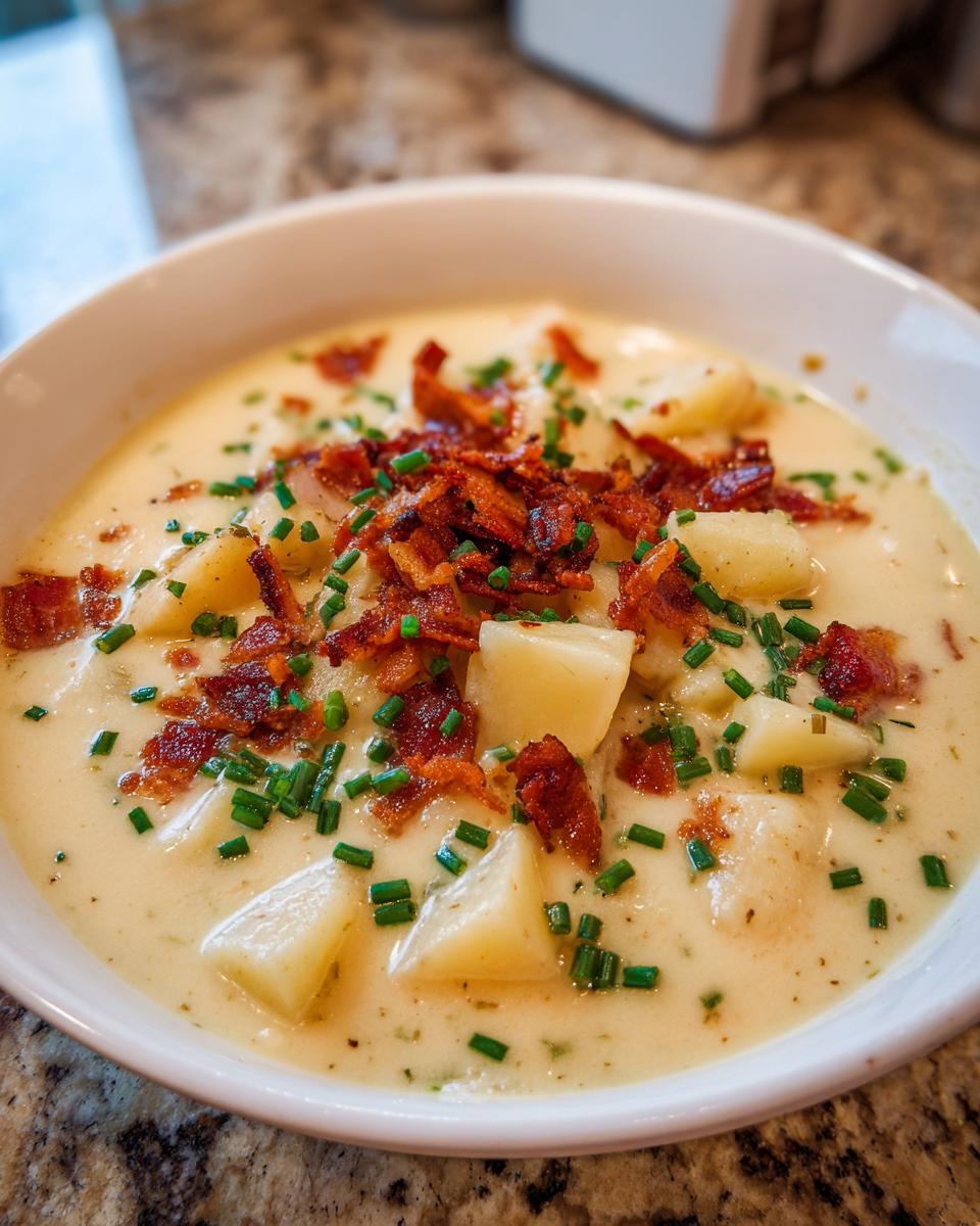 Nahaufnahme einer cremigen Buttermilchsuppe mit Kartoffeln, garniert mit knusprigem Speck und Schnittlauch.