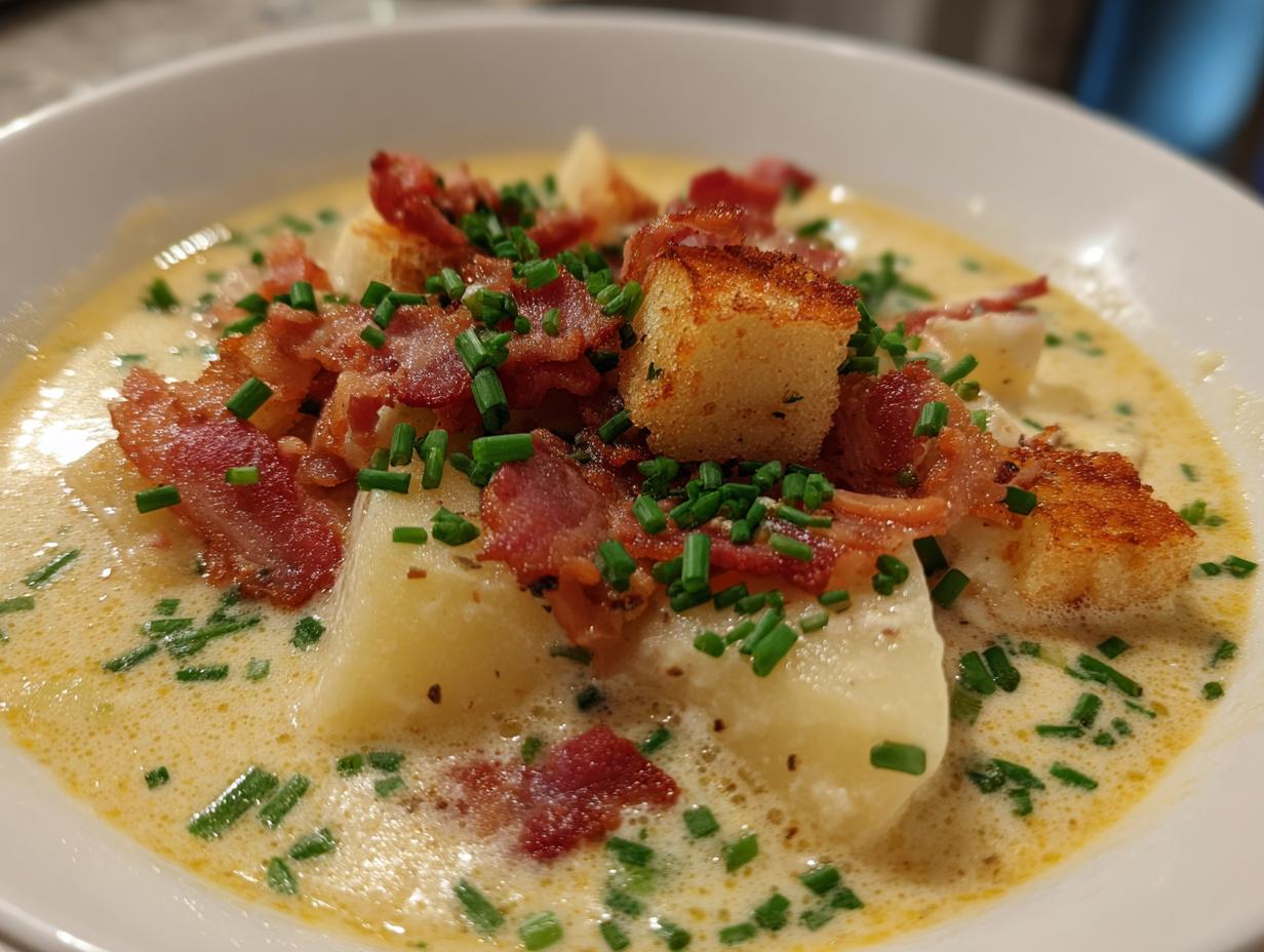Nahaufnahme einer cremigen Buttermilchsuppe mit Kartoffeln, knusprigem Speck und Schnittlauch.