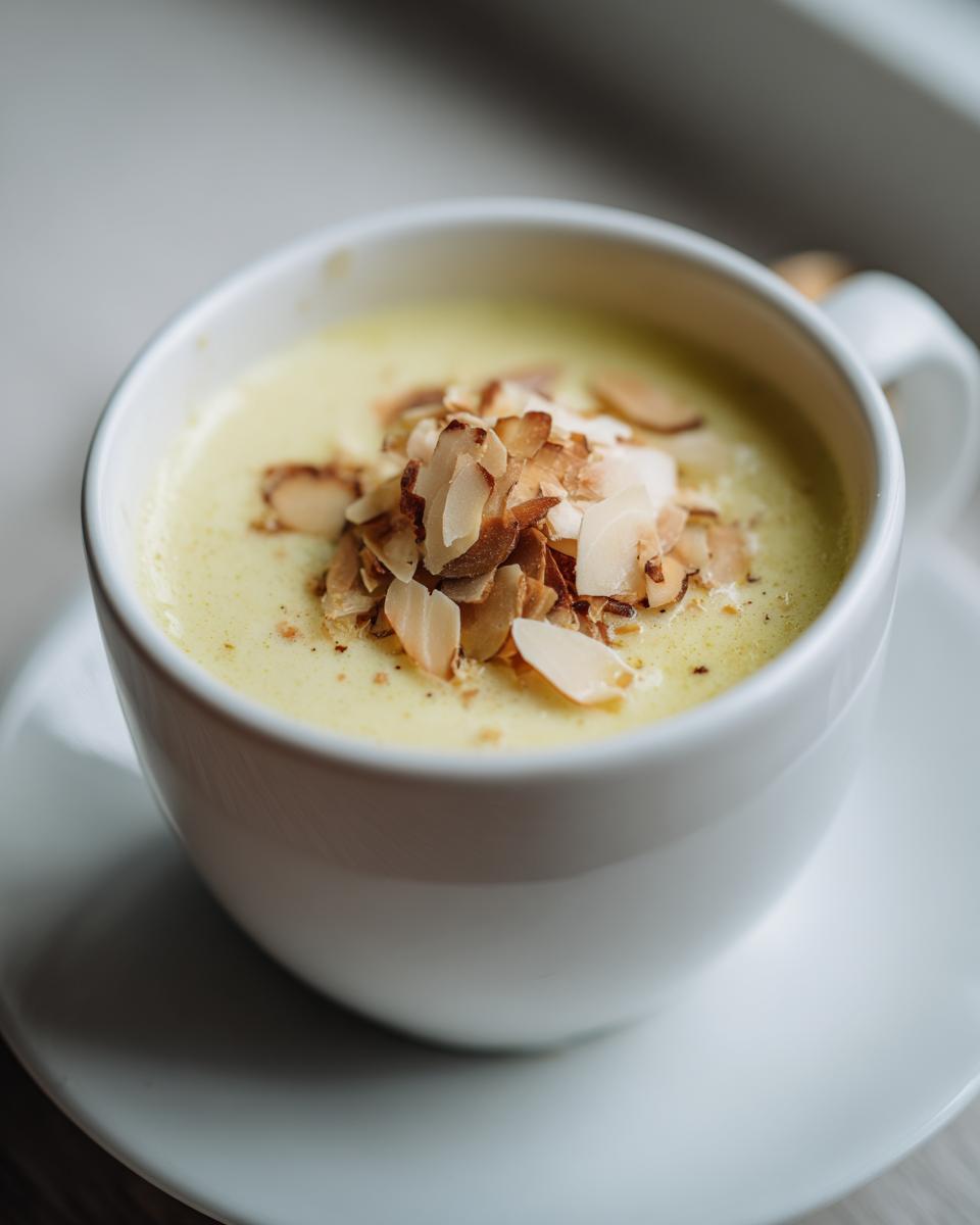 Nahaufnahme einer Tasse cremiger, gelblicher Pfingstmilch, garniert mit gerösteten Mandelblättchen.