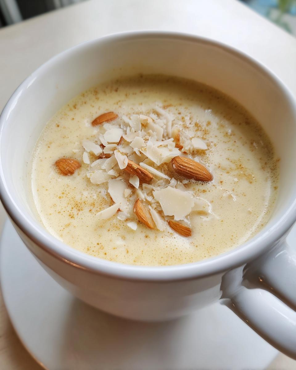 Nahaufnahme einer Tasse cremiger Pfingstmilch, garniert mit Mandelblättchen und ganzen Mandeln.