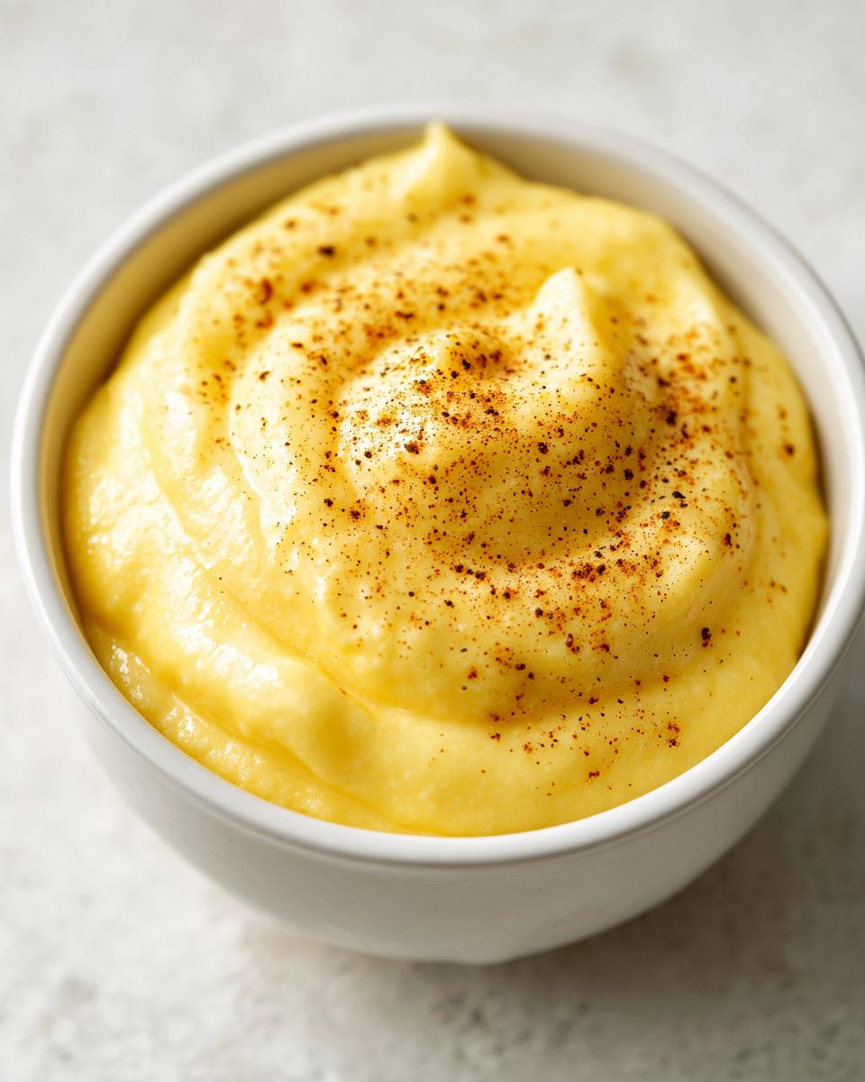 Nahaufnahme einer cremigen, gelben Sauce Hollandaise, bestreut mit dunklem Pfeffer oder Paprikapulver in einer weißen Schale.