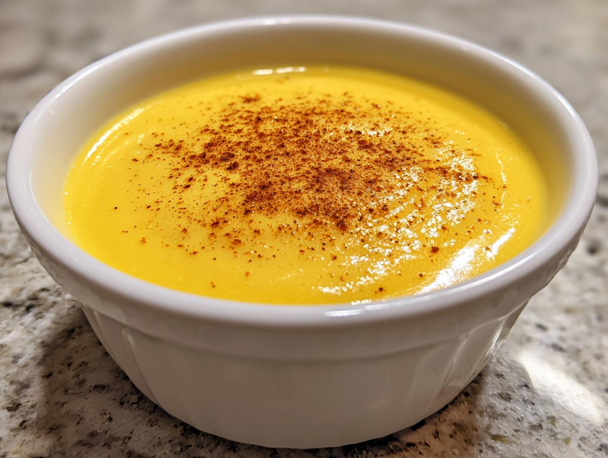 Nahaufnahme einer leuchtend gelben Sauce Hollandaise, bestreut mit etwas Paprikapulver, in einer weißen Schale.