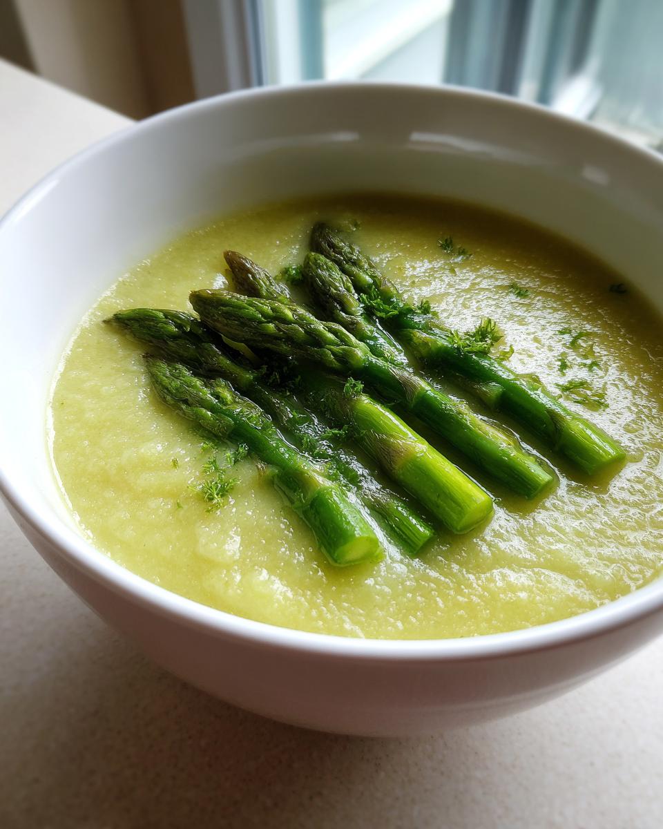 Nahaufnahme einer cremigen, hellgrünen Spargelsuppe, garniert mit ganzen, gekochten grünen Spargelspitzen.