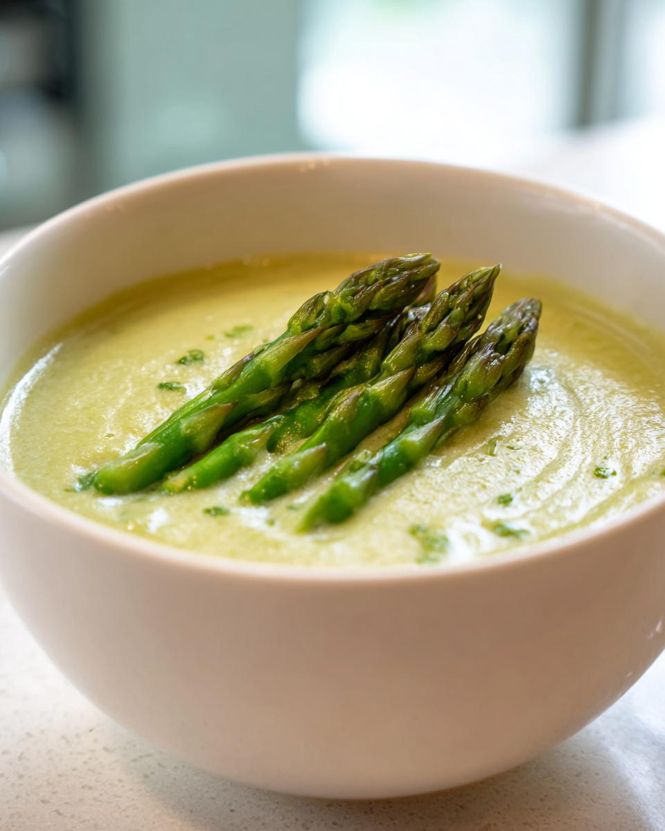 Nahaufnahme einer cremigen, hellgrünen Spargelsuppe, garniert mit drei grünen Spargelspitzen.