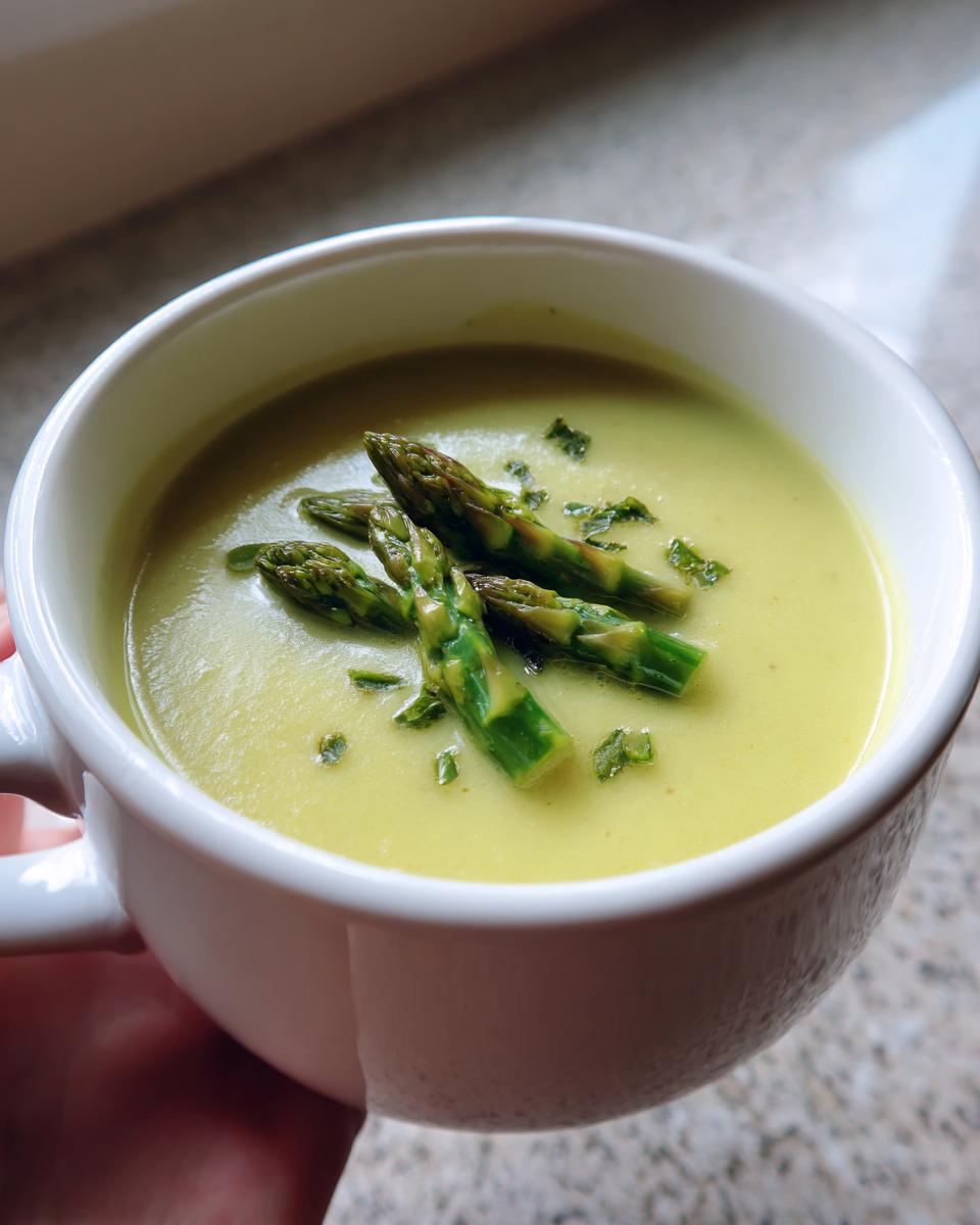 Nahaufnahme einer cremigen, hellgelben Spargelsuppe, garniert mit grünen Spargelspitzen und Kräutern.