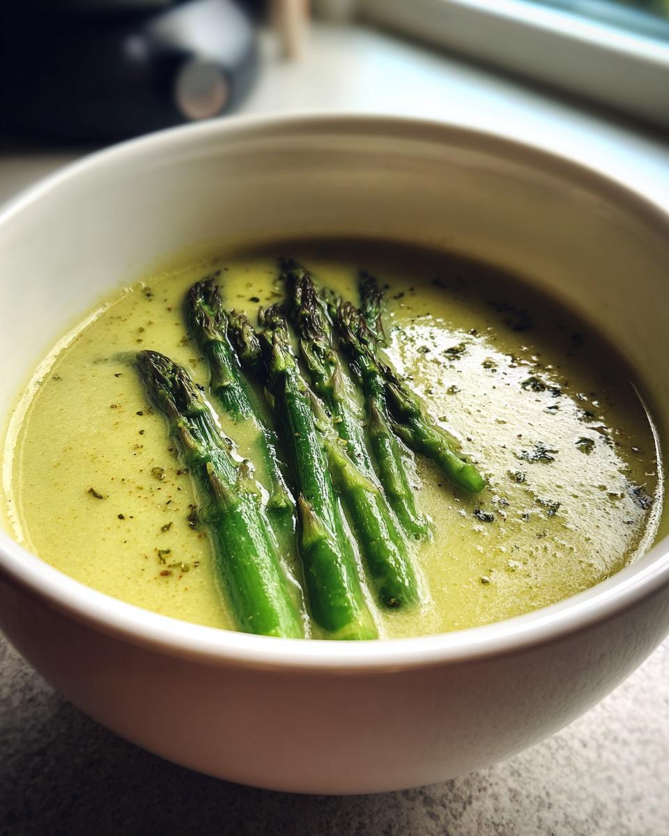 Nahaufnahme einer cremigen, hellgrünen Spargelsuppe, garniert mit ganzen, gekochten grünen Spargelspitzen.