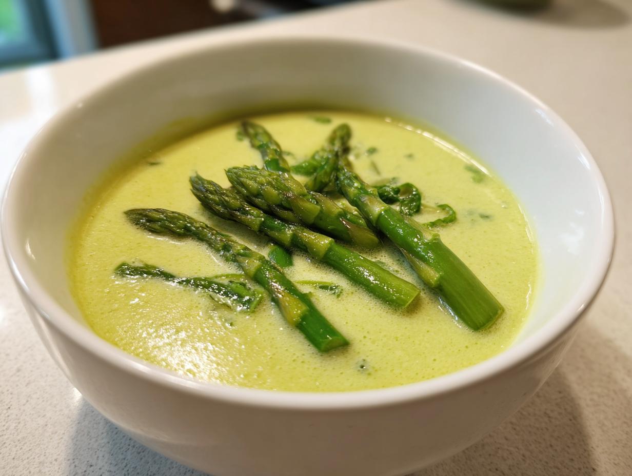 Nahaufnahme einer cremigen, hellgrünen Spargelsuppe, garniert mit ganzen grünen Spargelspitzen.