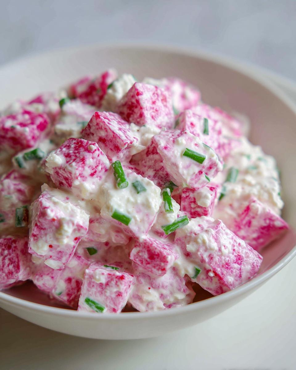 Nahaufnahme eines cremigen Radieschen-Dips mit gewürfelten, rosa Radieschen und frischem Schnittlauch in einer weißen Schale.