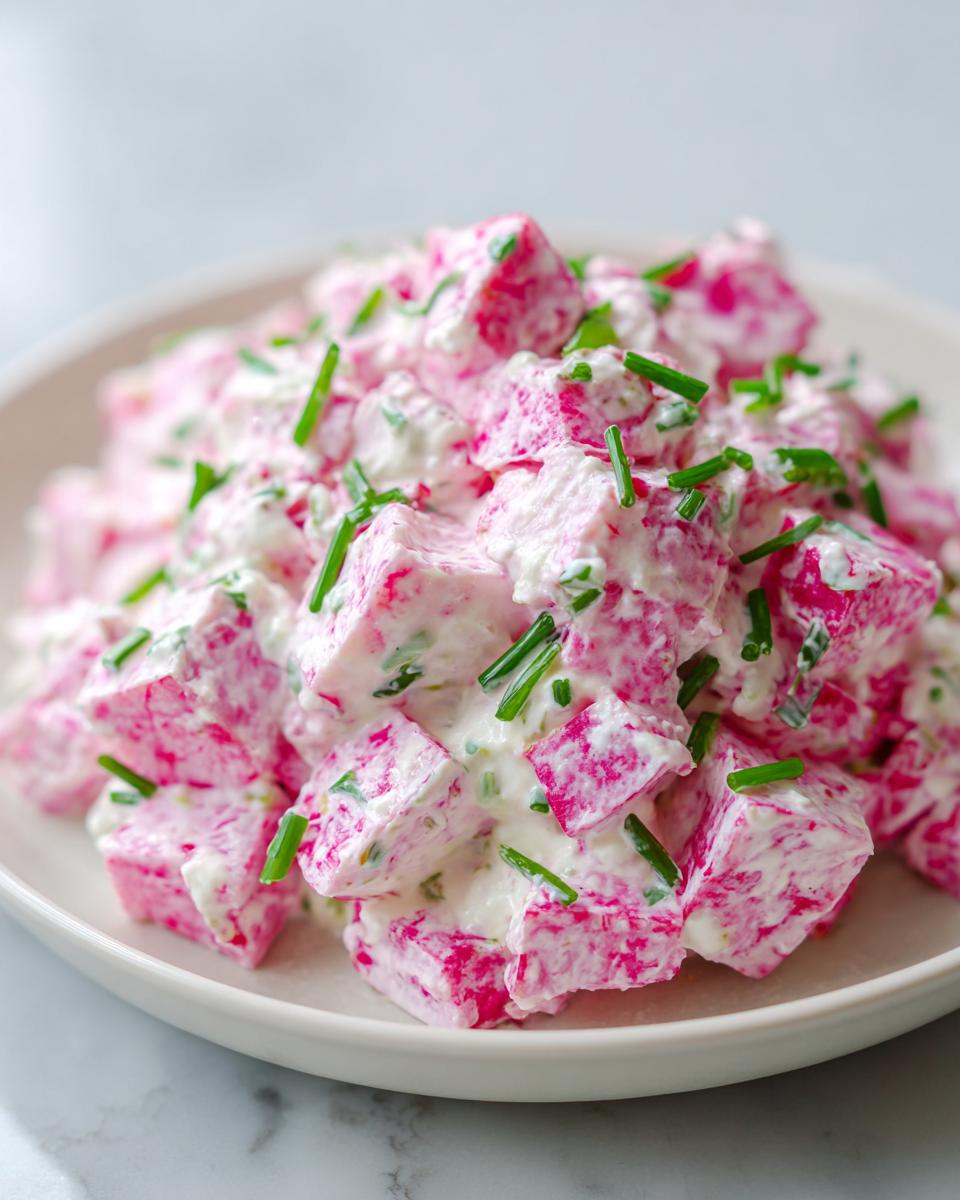 Nahaufnahme eines cremigen Radieschen-Dips mit gewürfelten, rosa Radieschenstücken und frischem Schnittlauch.