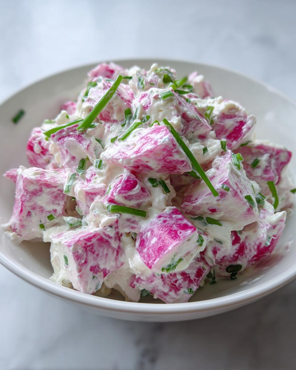 Nahaufnahme eines cremigen Radieschen-Dips mit rosa Radieschenstücken und frischem Schnittlauch in einer weißen Schale.
