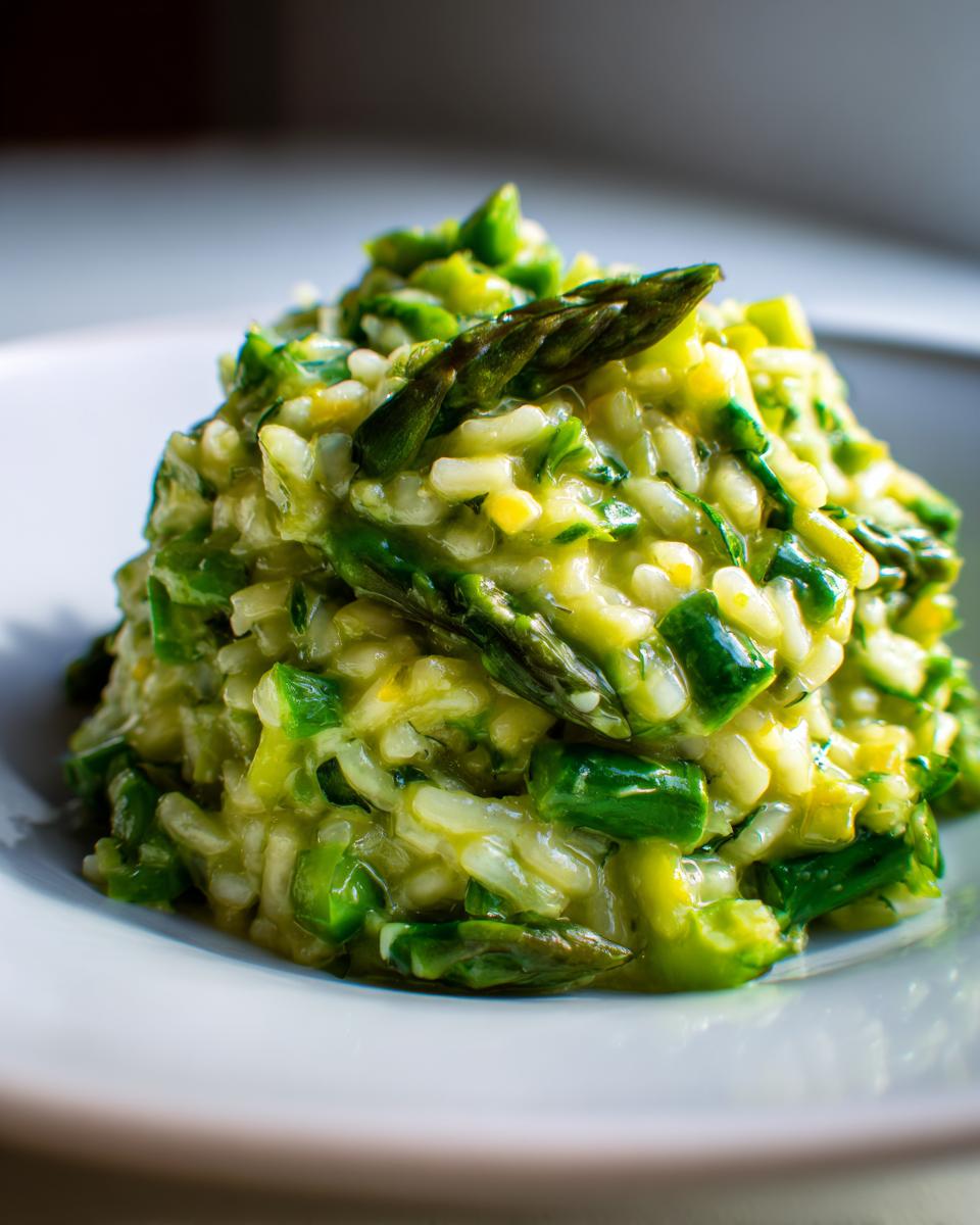 Nahaufnahme von cremigem Spargel-Risotto mit grünen Spargelstücken auf einem weißen Teller.