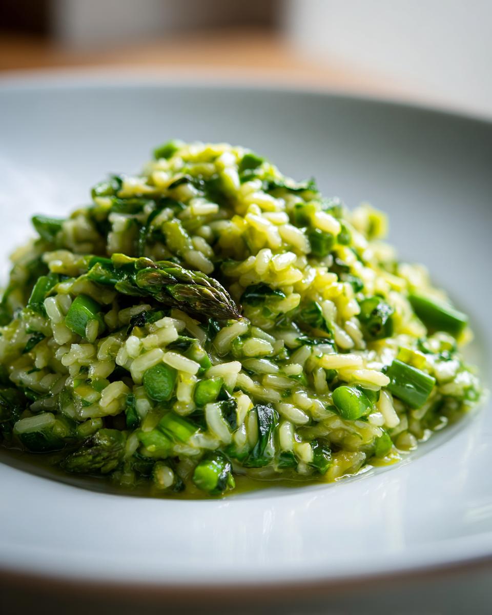Nahaufnahme von cremigem Spargel-Risotto mit Erbsen und grünem Spargel auf einem weißen Teller.