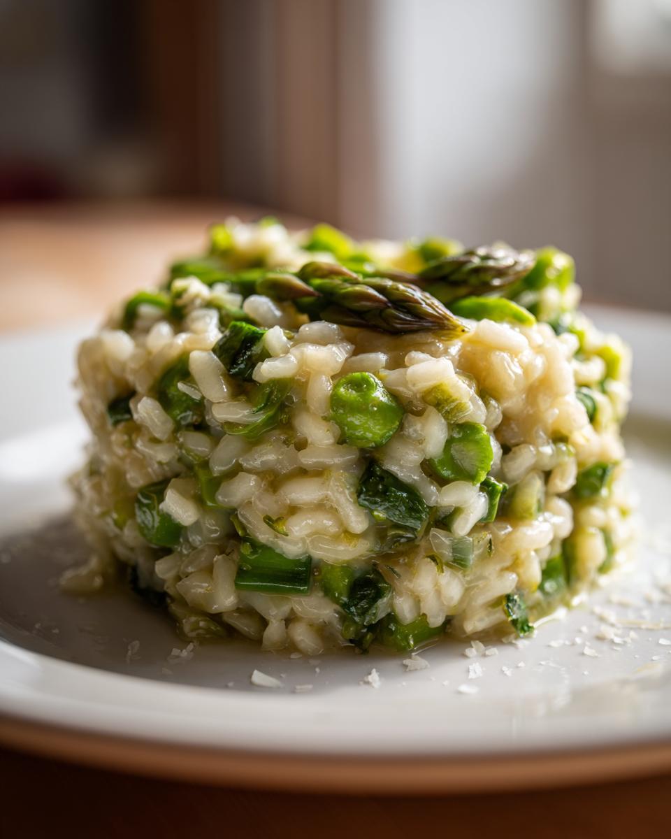 Nahaufnahme von cremigem Spargel-Risotto, garniert mit Spargelspitzen und Parmesan.