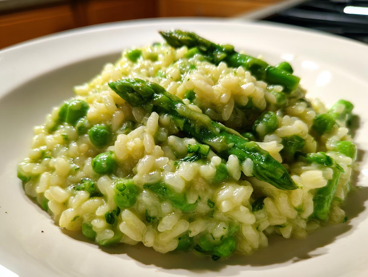 Nahaufnahme von cremigem Spargel-Risotto, verfeinert mit grünen Erbsen und Spargelspitzen.