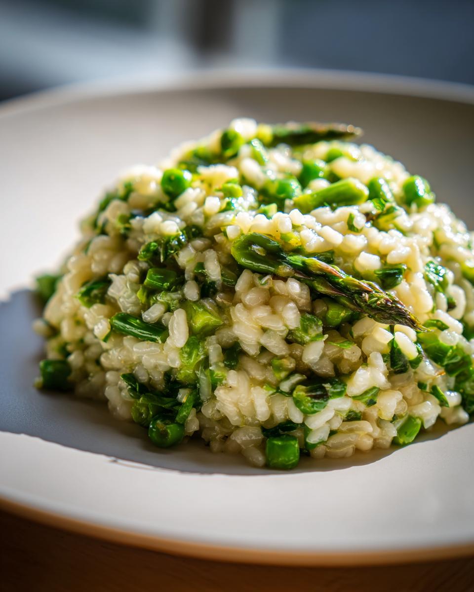 Nahaufnahme von cremigem Spargel-Risotto mit grünen Erbsen und Spargelspitzen auf einem weißen Teller.