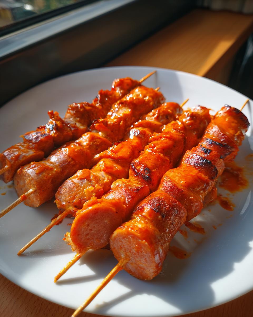 Nahaufnahme von gegrillten Currywurst-Spießen mit leuchtend roter Sauce auf einem weißen Teller.