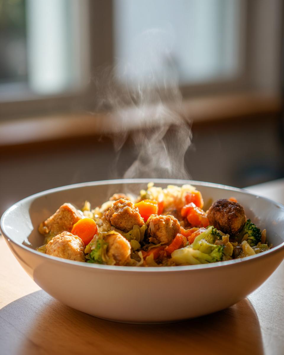 Nahaufnahme einer dampfenden Sauerkraut-Pfanne mit Gemüse und Fleischbällchen in einer hellen Schüssel.