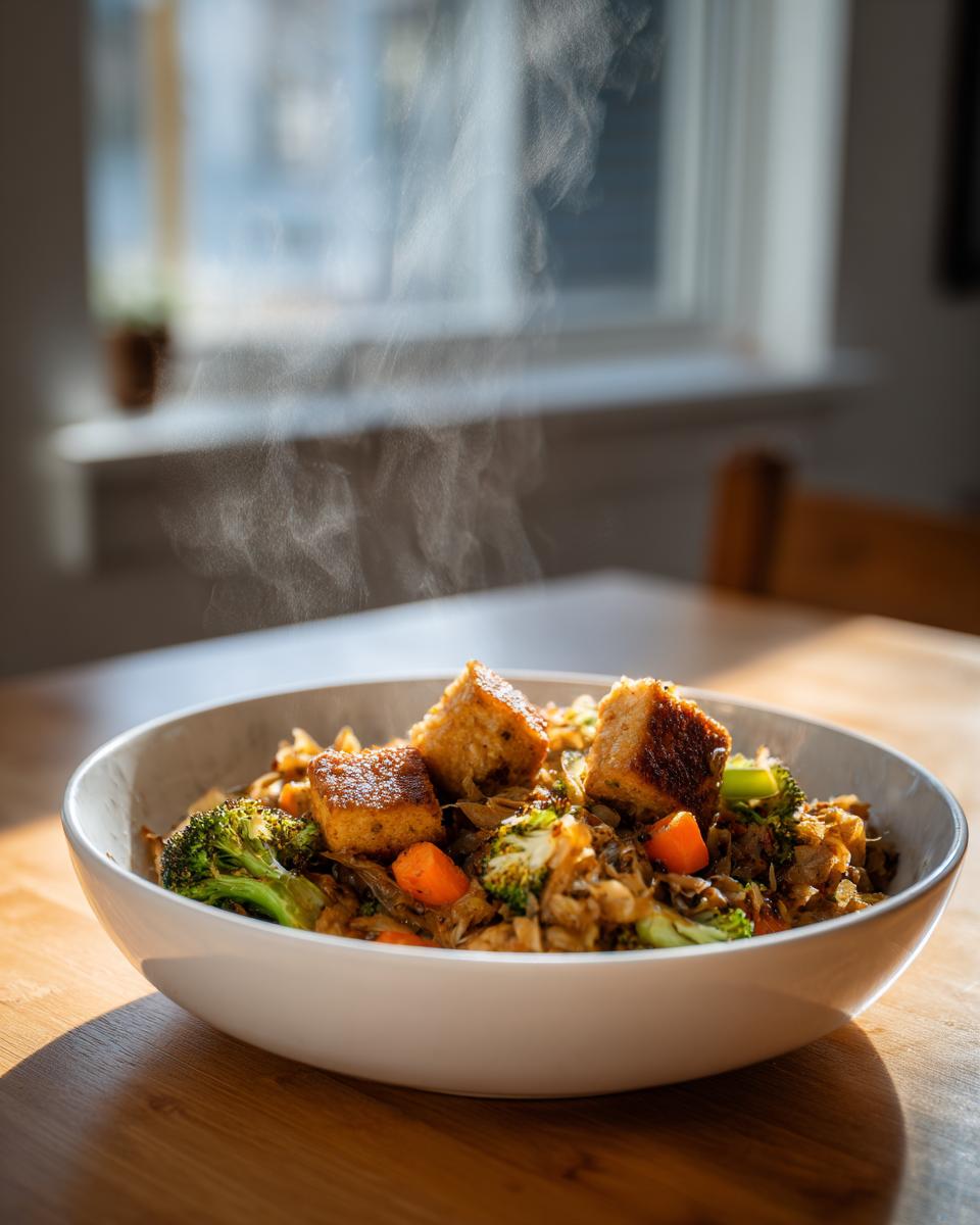 Eine dampfende Schüssel mit vegetarischer Sauerkraut-Pfanne, belegt mit knusprigem Tofu, Brokkoli und Karotten.